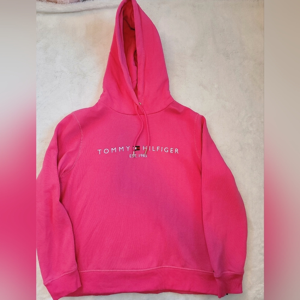 Tommy Hilfiger Pink Fleece Hoodie Women’s Small Embroidered Logo - Picture 3 of 4